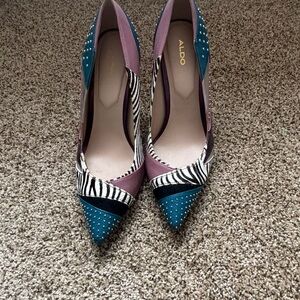 Aldo Zebra Print Heels with Blue and Purple Accents